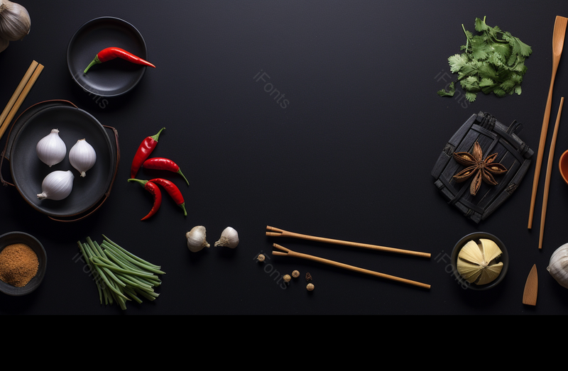 黑色桌子上放着的辣椒蒜葱香菜等中式调料高级背景,高清,摄影图,摄影图片,图片大全,摄影图免费下载
